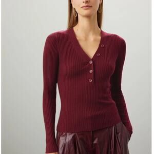 $295 Derek Lam Collective Henley Sweater Ribbed Wool Blend Burgundy Women Siz XS